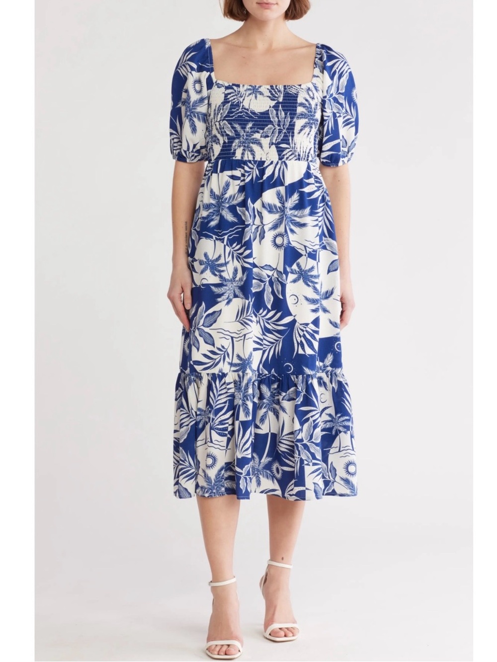 Melrose & Main Navy & White Tropical Print Smocked Midi Dress